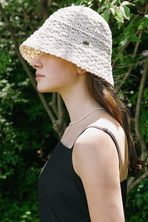 Crochet Knit Bonnet Hat - Light Beige