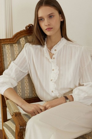 Textured Double Frill Blouse - White