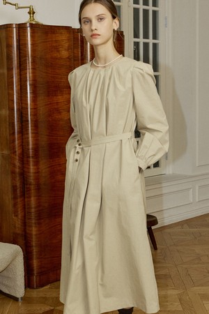 Round Neck Easy Belt Dress - Beige