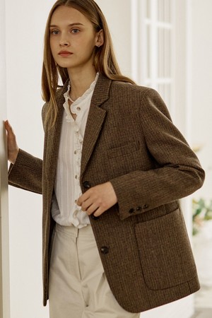 Three Button Wool Blend Classic Jacket - Brown