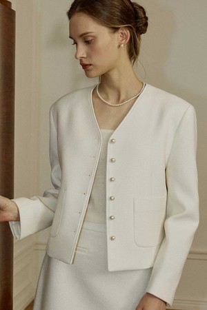 V-neck Tweed Jacket - Ivory