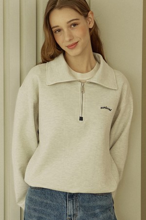 Logo Embroidery Half Zip-up Sweatshirt - Oatmeal