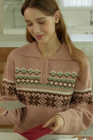 Snowflake Jacquard Collar Wool Knit - Pink