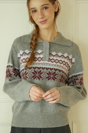 Snowflake Jacquard Collar Wool Knit - Grey