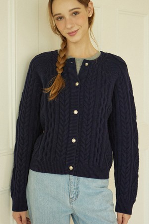 Gold Button Cable Wool Knit Cardigan - Navy