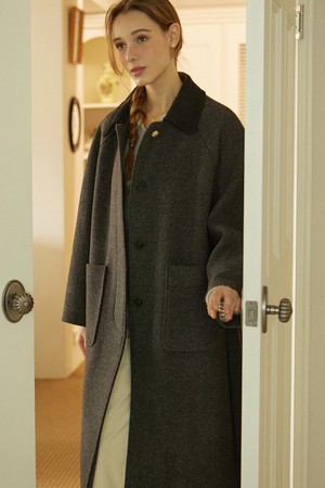 Collar Point Belted Wool Long Coat - Charcoal