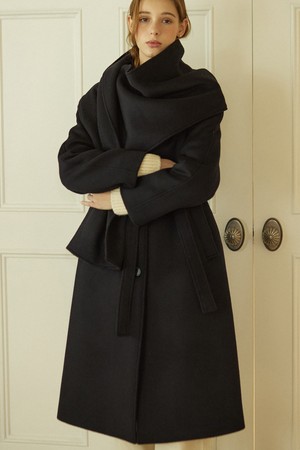 Muffler Belted Wool Long Coat - Navy