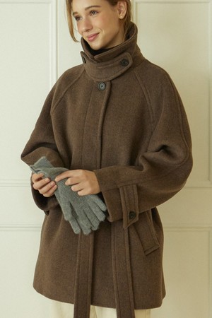 Raglan Belted Wool Half Coat - Brown