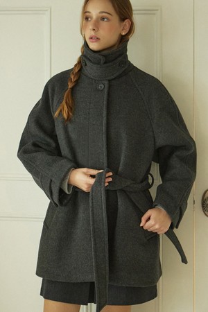 Raglan Belted Wool Half Coat - Charcoal