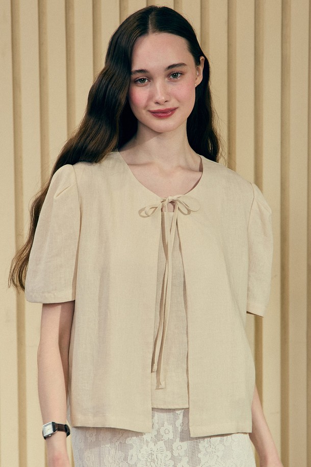 NONLOCAL - 셔츠 - Linen Half Sleeve Cardigan - Light Beige