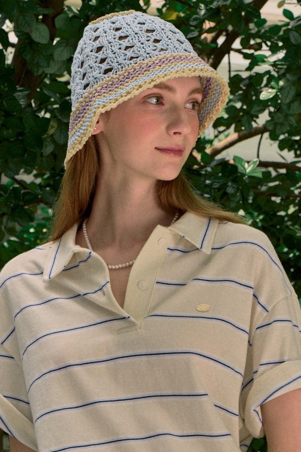 NONLOCAL] Color Block Knit Bucket Hat - Blue