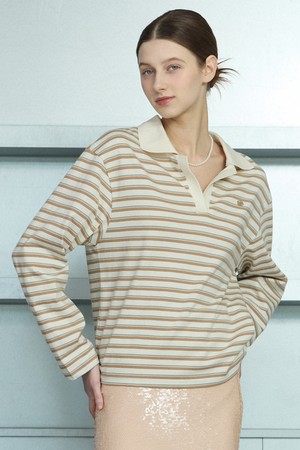 Open Collar Stripe Long Sleeve - Light Beige