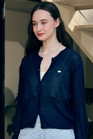See-through Round Neck Cardigan - Navy