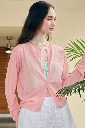 See-through Round Neck Cardigan - Pink