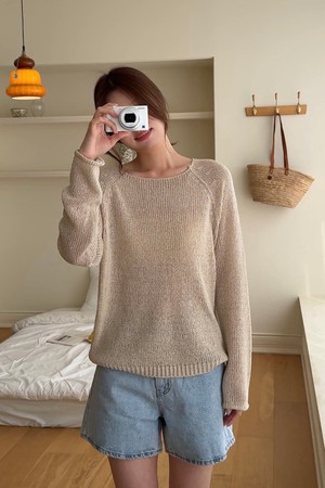 Boat Neck Bookle Netted Knit Top - Light Beige