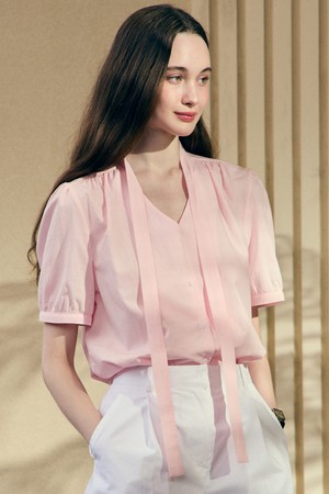 Tie Collar Shirring Half Sleeve Blouse - Pink