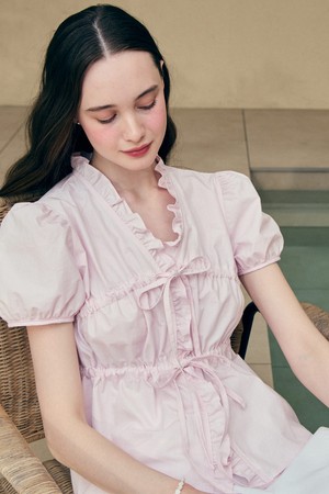 Ribbon Shirring Puff Sleeve Blouse - Pink