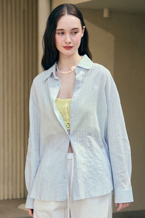 Over Fit Raw Cut Stripe Shirt - Light Blue