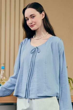 Linen Shirring Cardigan - Blue