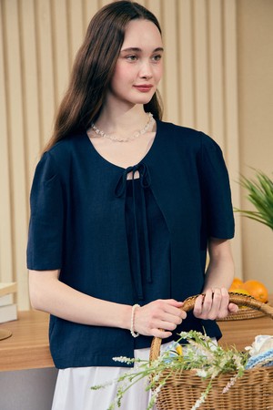 Linen Half Sleeve Cardigan - Navy