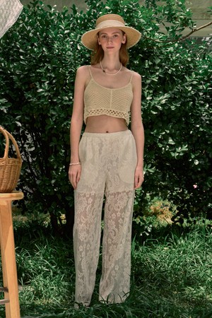 Lace Embroidered Banding Pants - Ivory