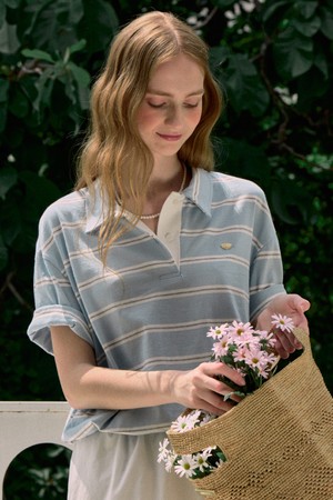 Multi Stripe Over-fit Collar T-shirt - Light Blue