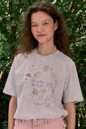 [논로컬 X 이하여백] Coloring Seaside Hand Drawing T-shirt - Light Grey