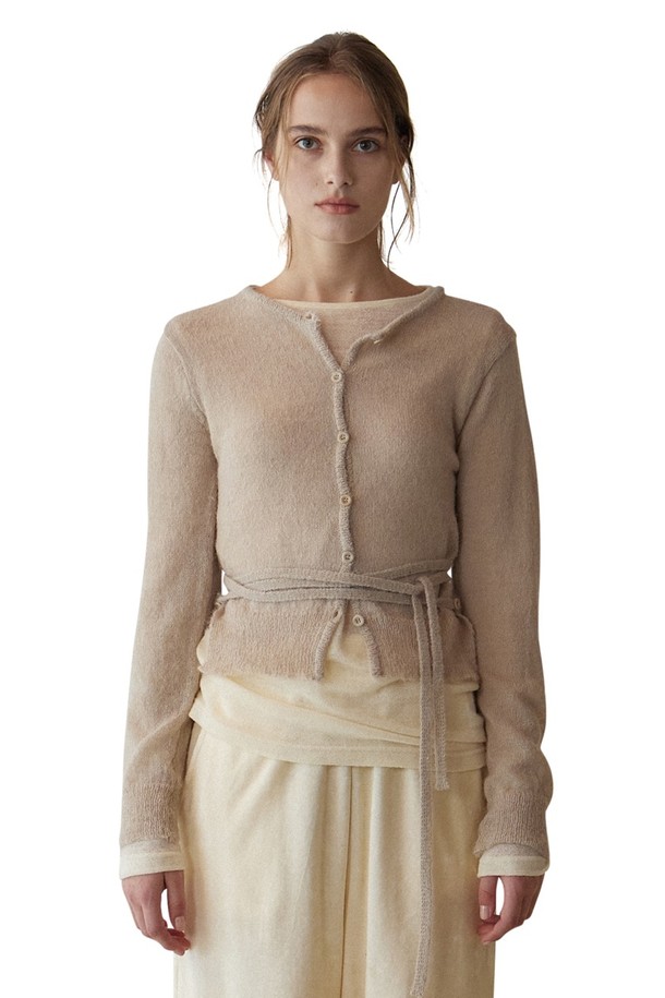 GREYYANG - 가디건 - SHEER CROP CARDIGAN (SAND BEIGE)