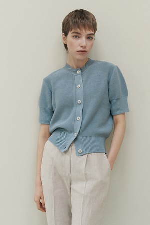 [22SS] COTTON HALF SLEEVES KNIT CARDIGAN blue