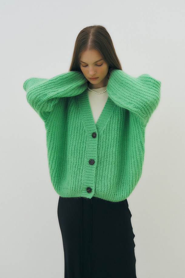 HEROINE - 가디건 - [히로인] [22FW] Mohair volume knit cardigan (mint)