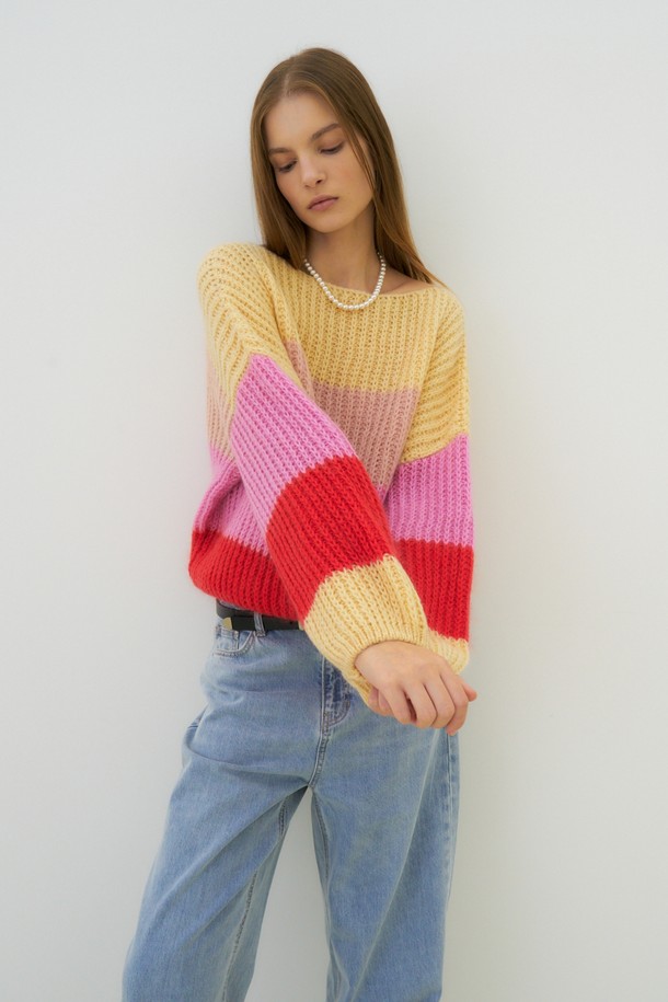 HEROINE - 스웨터 - [히로인] [22FW] Mohair color block sweater (red)