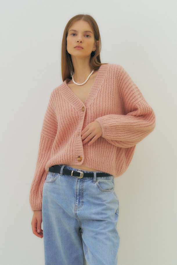 HEROINE - 가디건 - [히로인] [22FW] Mohair volume knit cardigan (ligh pink)