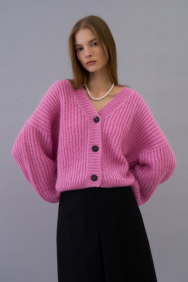 HEROINE - 가디건 - [히로인] [22FW] Mohair volume knit cardigan (pink)