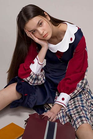 [FW] Plaid wave sleeve blouse_Burgundy