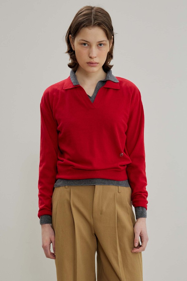 MAISON MARAIS - 스웨터 - Spread-collar Knit Top, Red