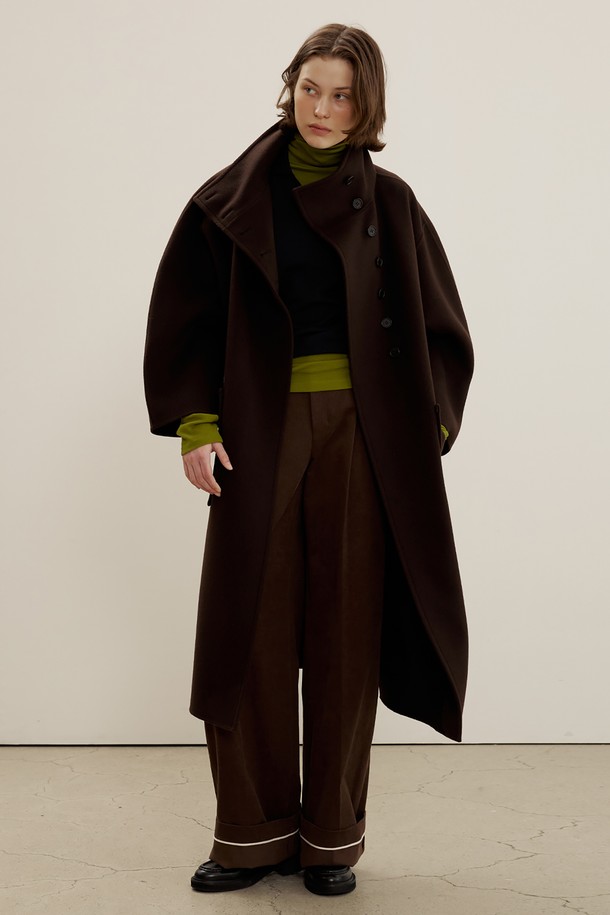 MAISON MARAIS - 코트 - Funnel-neck Maxi Coat, Dark Brown