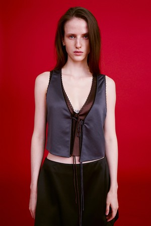 Ribbon Vest In Satin, Charcoal