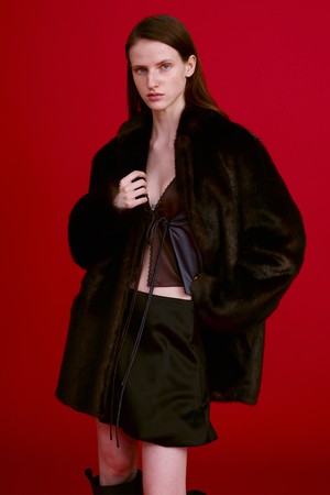 Notched Faux Fur Jacket, Dark Brown