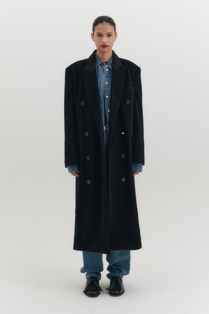 [E] 배색 카라 더블 브레스티드 코트 - 블랙_B for Binding