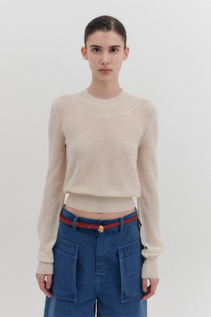 시어 롱 슬리브 니트 탑 - 크림