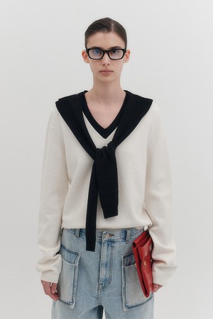 머플러 레이어드 니트 탑 - 아이보리