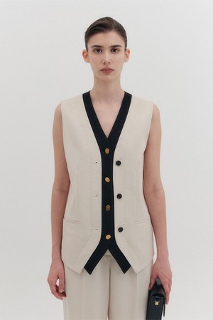 배색 버튼 베스트 - 아이보리