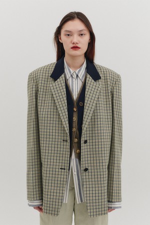 배색 싱글 브레스티드 블레이저 - 세이지 그린