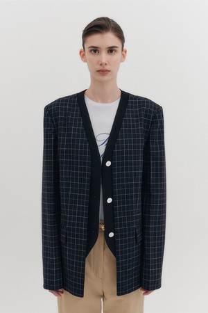 브이넥 싱글 버튼 자켓 - 네이비