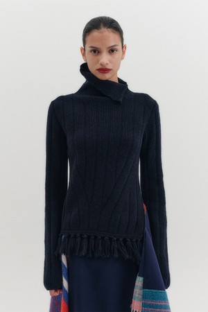 퍼넬 넥 니트 탑 - 다크 네이비