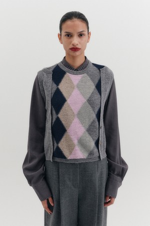 아가일 라운드넥 니트 탑 - 그레이