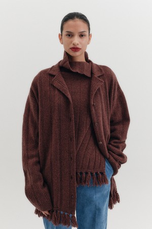 프린지 니트 가디건 - 멜란지 브라운