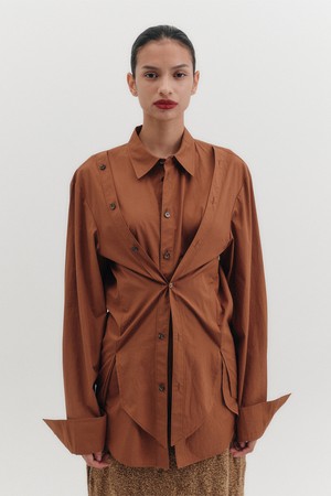 더블 버튼 트랜스포머블 셔츠 - 브라운