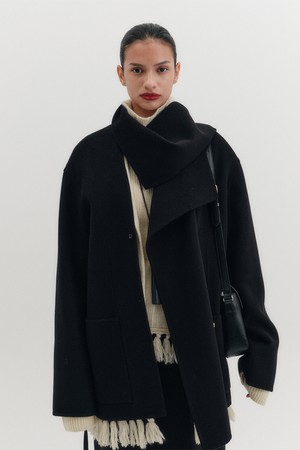 핸드메이드 숄 카라 코트 - 블랙