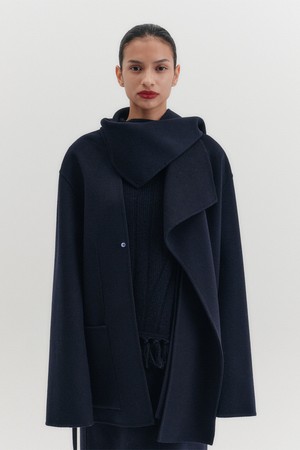 핸드메이드 숄 카라 코트 - 네이비